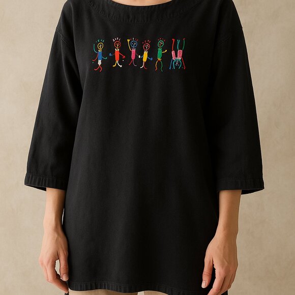 Vintage Black Tunic with Rainbow Stick Figure Folk Art Embroidery - Picture 1 of 10